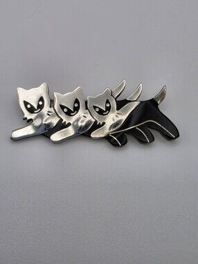 Taxco Modernist .925 Sterling Silver Enameled Triple Cat Brooch TO-57